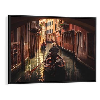 Obraz w ramie 70x50 - Spokojna Wenecja - gondolier w gondoli, kanały Wenecji - rama czarna