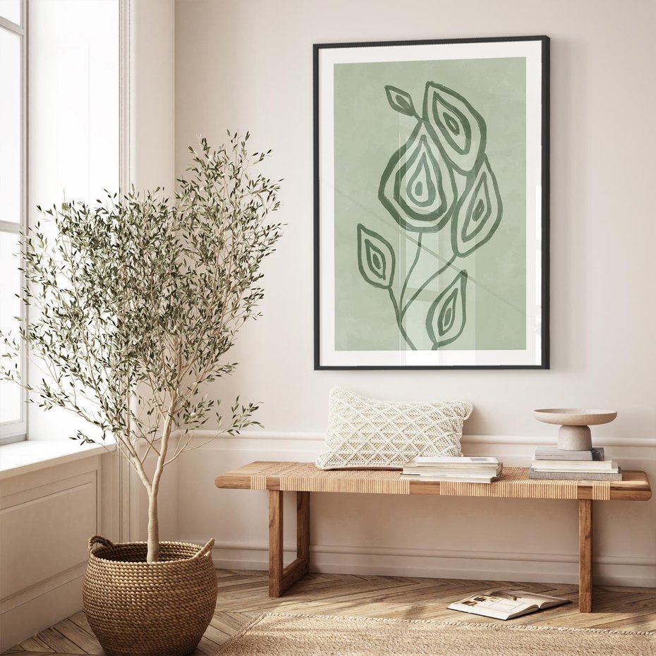Plakat bez ramy 21x30 - Szmaragdowy Oddech - abstrakcyjne delikatne zielone linie, podobne do gałęzi kwiatów