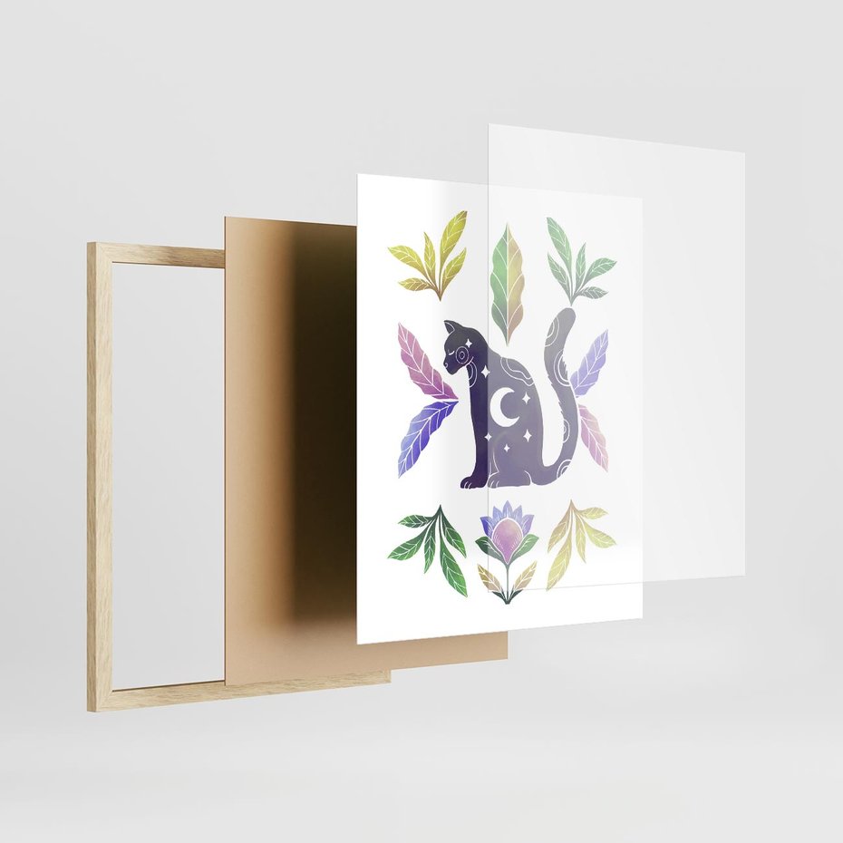 Plakat w ramie 40x50 - Migotliwa Przestrzeń - boho kot, plakat - rama drewno