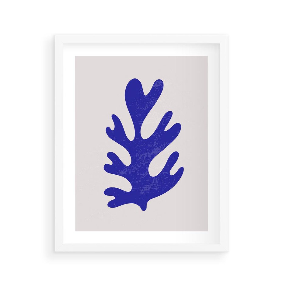 Plakat w ramie 40x50 - Przenikająca Struktura - boho plakat, niebieski liść w intensywnym kolorze - rama biała