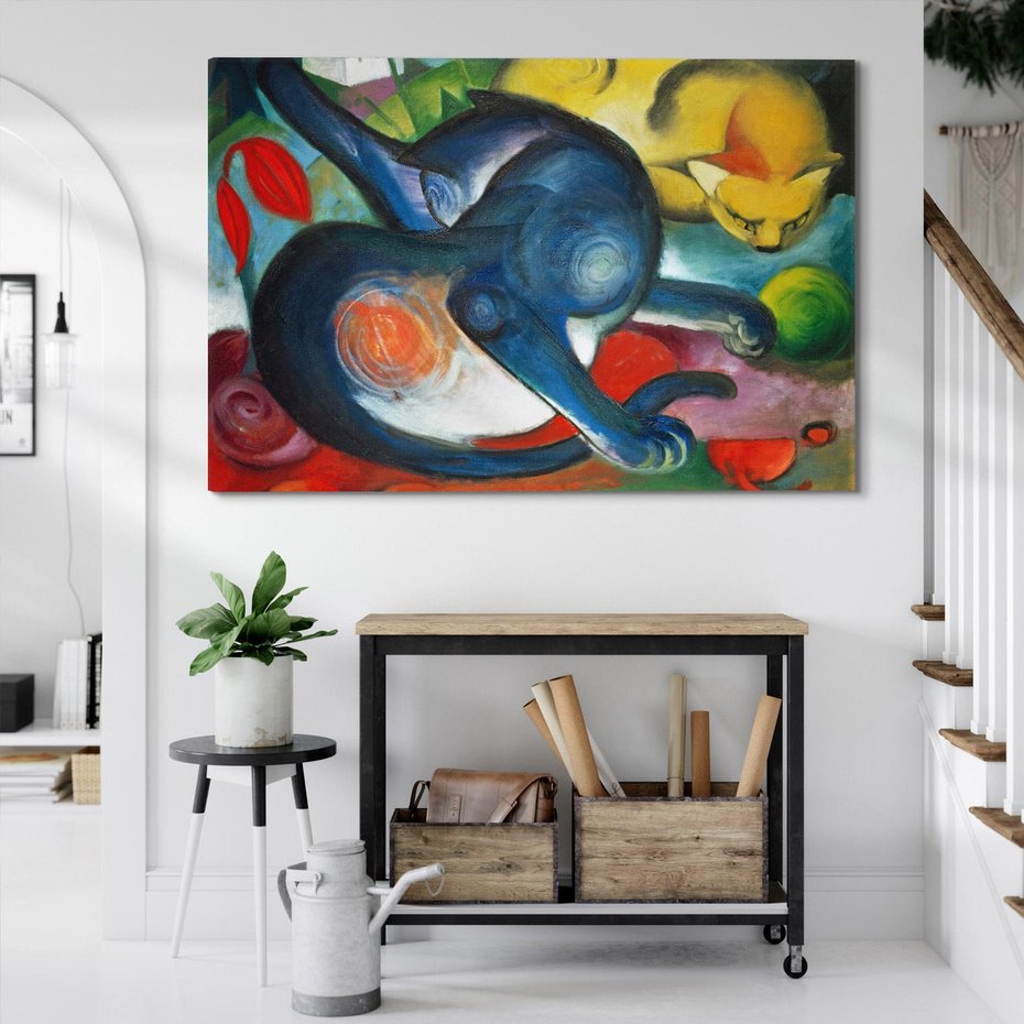 Obraz na płótnie 120x80 - "Dwa koty, niebieski i żółty" (1912) Franz Marc - Reprodukcja - reprodukcja, obraz na płótnie