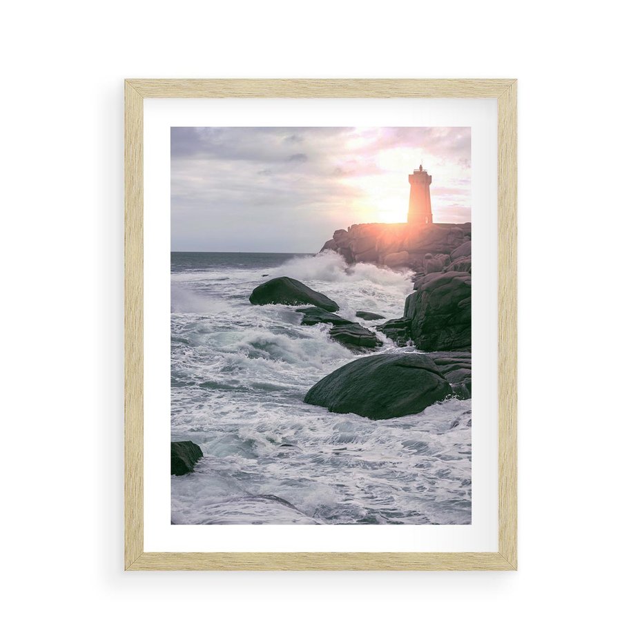 Plakat w ramie 40x50 - Latarnia, Zachód Słońca i Fale - latarnia na klifie, zachód słońca - rama drewno