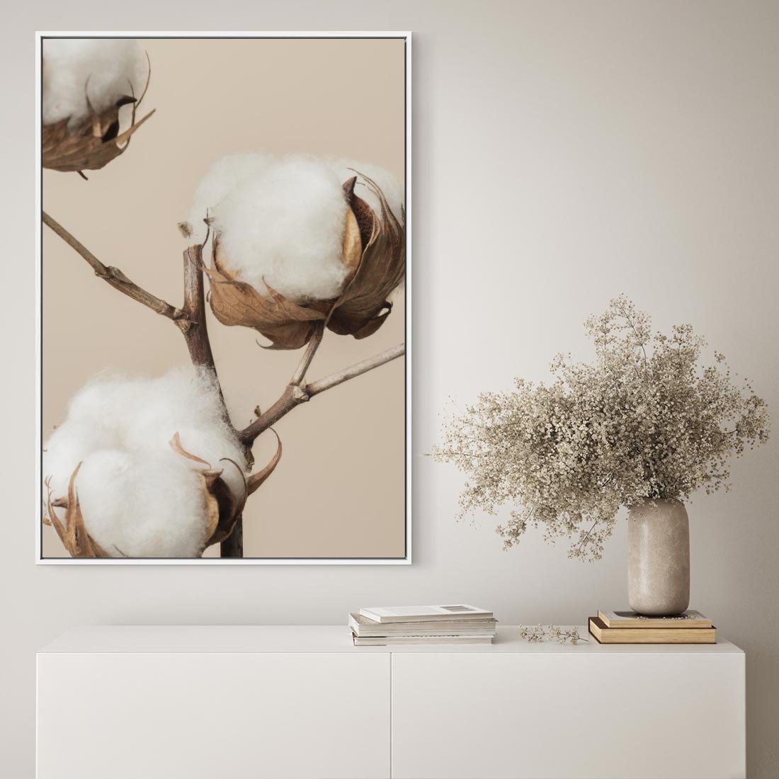 Obraz w ramie 70x100 - Bawełniana melancholia - bawełna, suche - rama biała