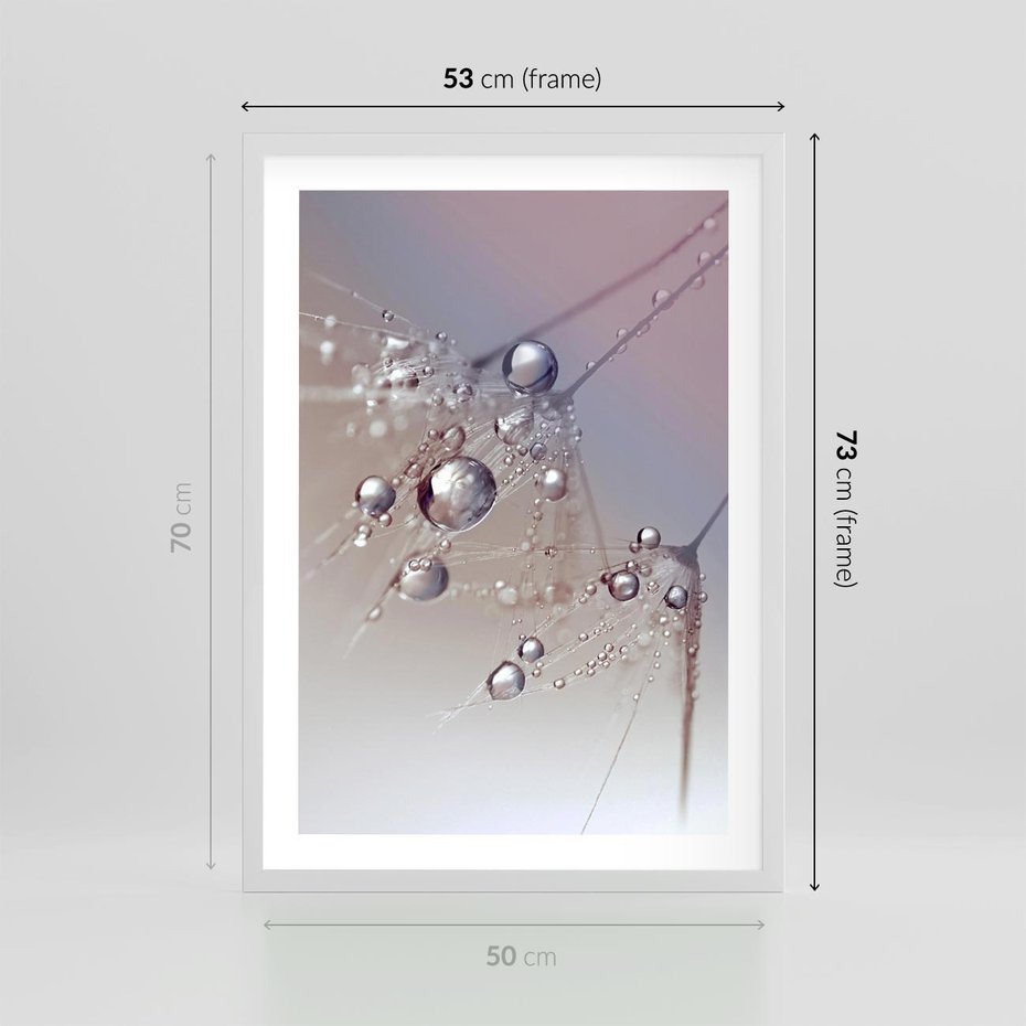 Plakat w ramie 50x70 - Delikatne Natchnienie - krople, dmuchawce - rama biała