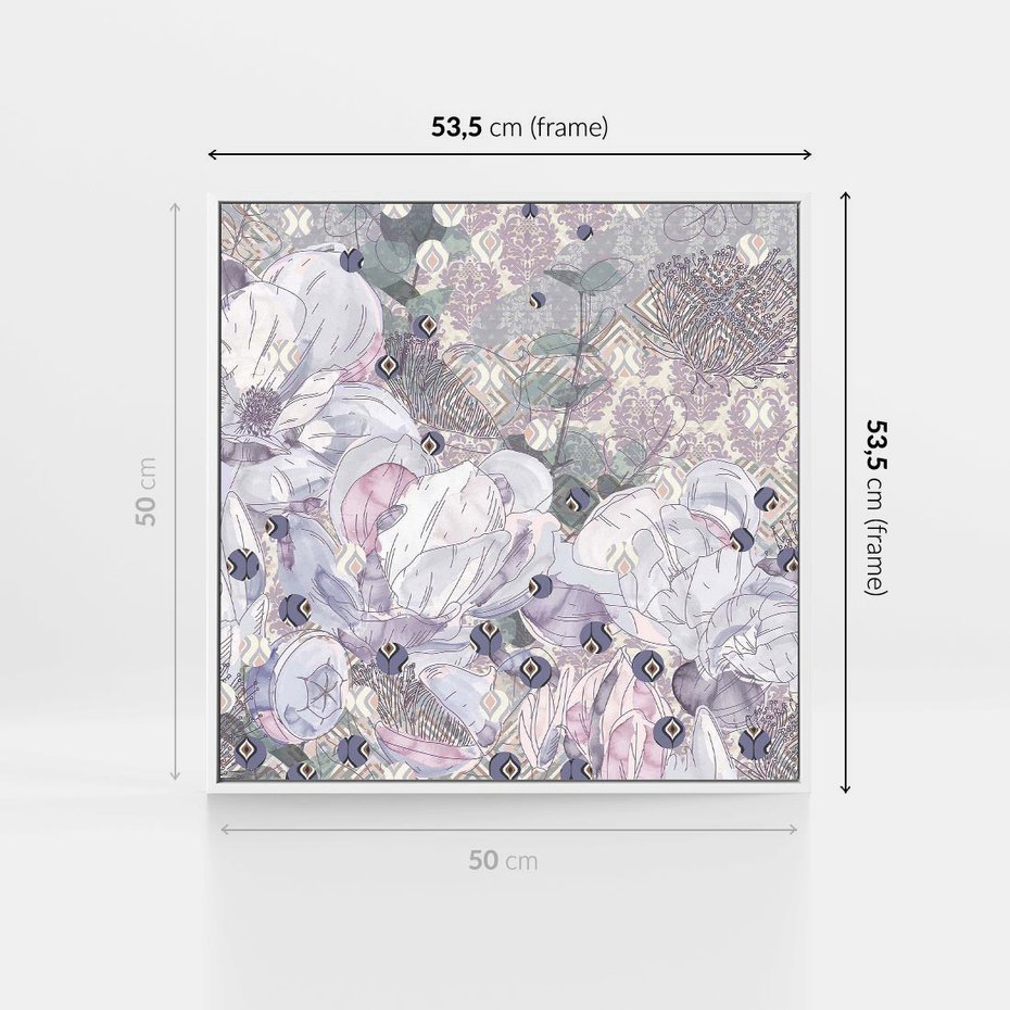 Obraz w ramie 50x50 - Malowane oddechy istnienia - pomieszane tekstury, kwiatowe elementy - rama biała