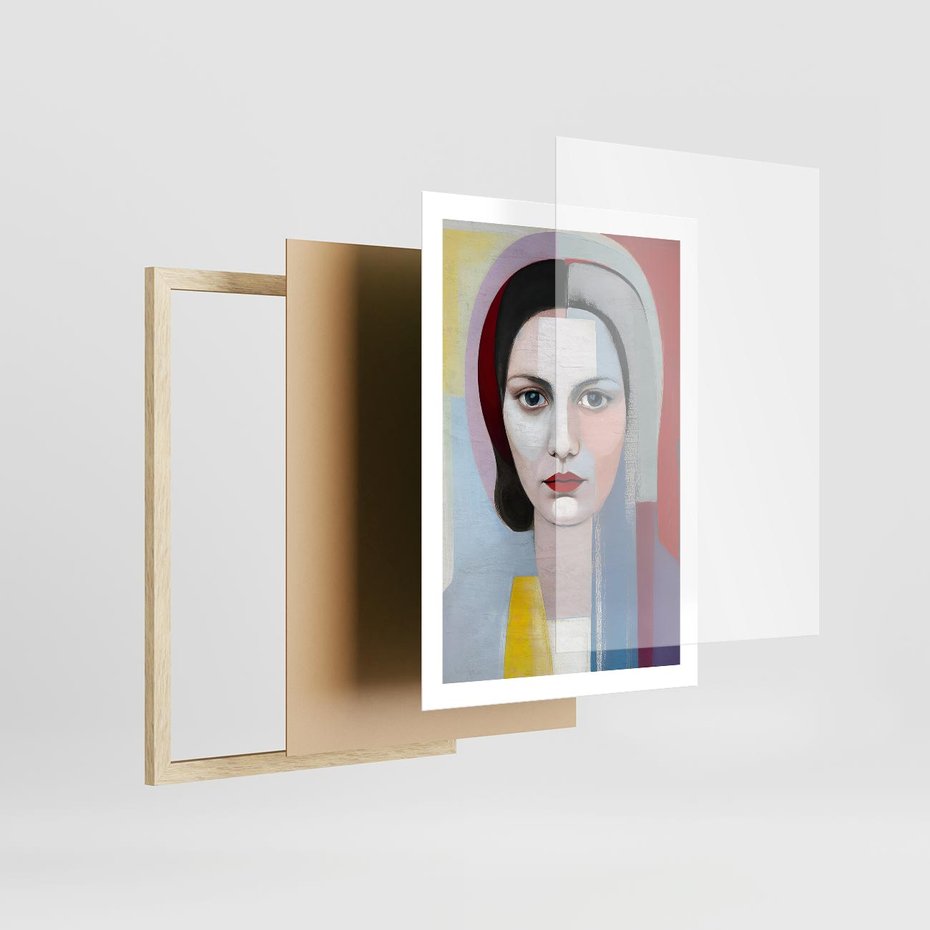 Plakat w ramie 50x70 - Kolorowe Granice Form - abstrakcyjny obraz olejny, portret twarzy kobiety - rama drewno