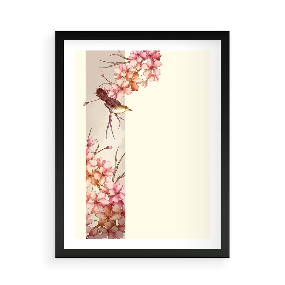Plakat w ramie 50x70 - Rozkwitające Marzenia - japońska sztuka, ptak - rama czarna