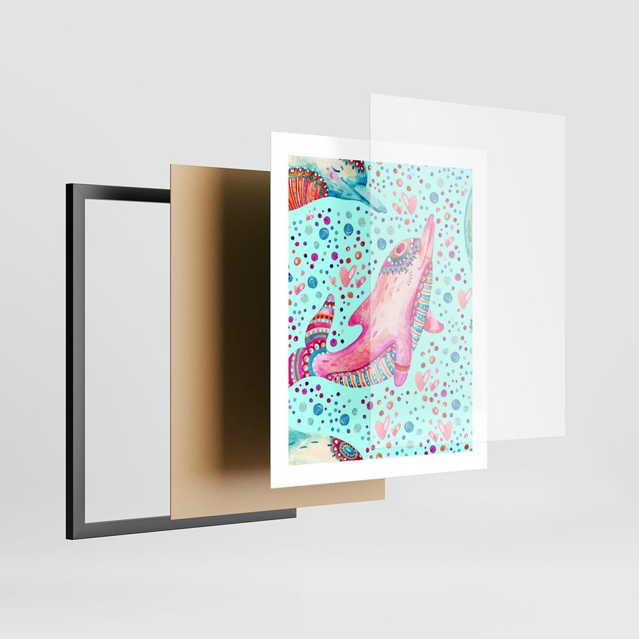 Plakat w ramie 40x50 - Lekkość W Ruchu - delfin, akwarela - rama czarna