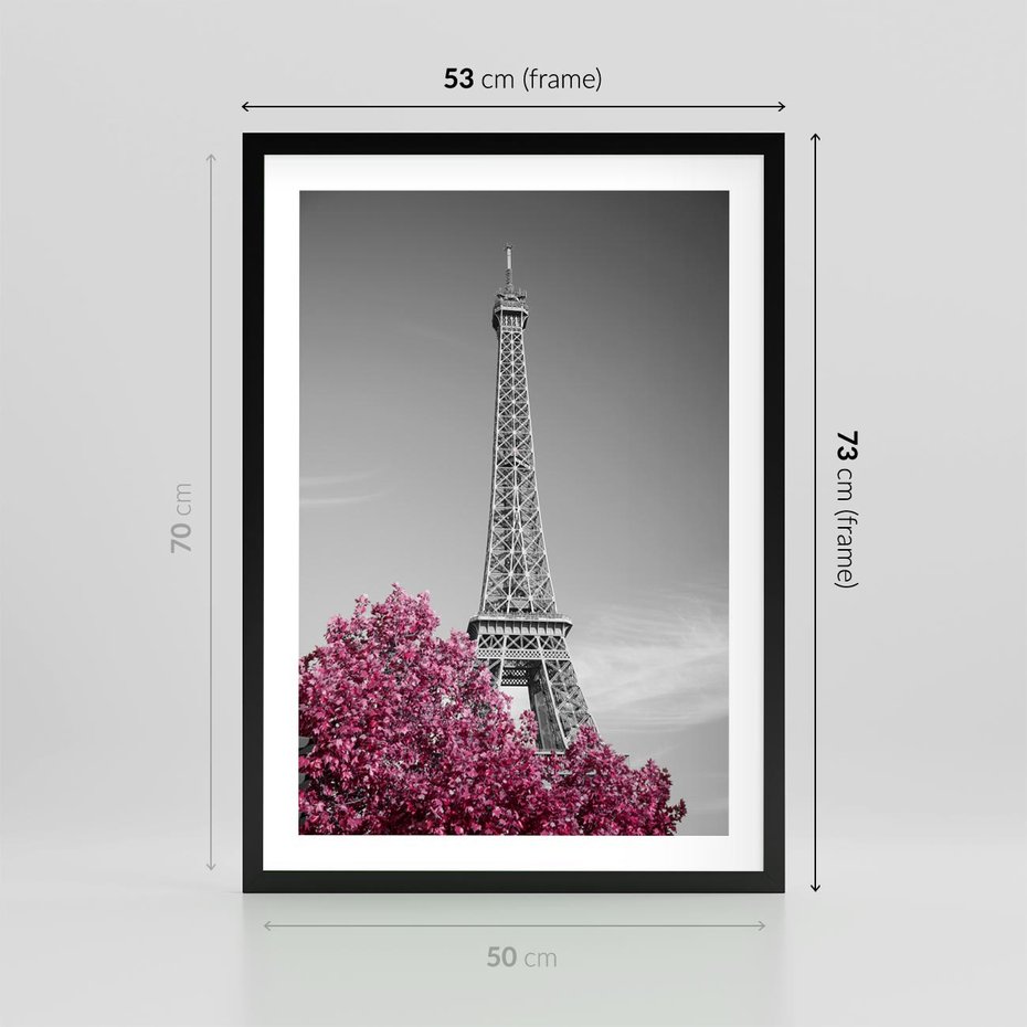 Plakat w ramie 50x70 - Różowy Paryż - czarno białe zdjęcie, wieża eiffla - rama czarna