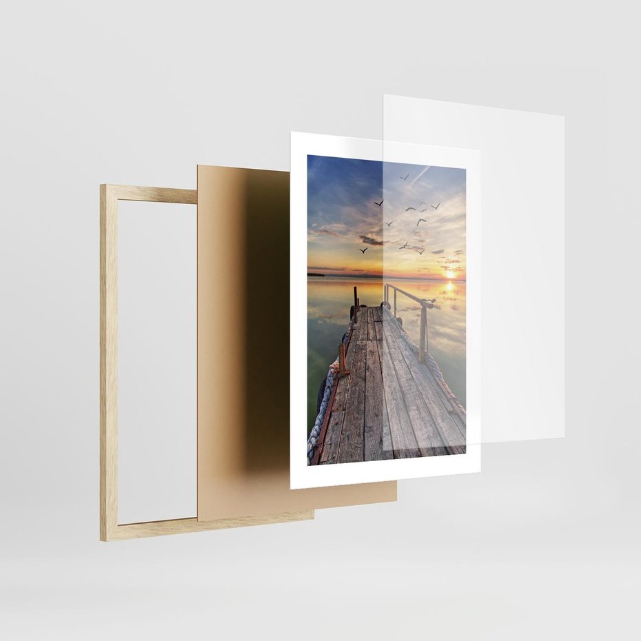 Plakat w ramie 30x40 - Spokojny pomost nad jeziorem - pomost, jezioro - rama drewno