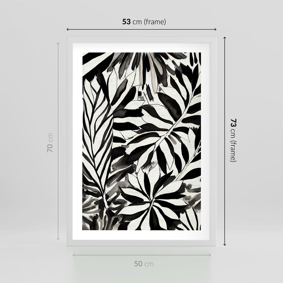 Plakat w ramie 50x70 - Czarne Liście - akwarelowy obraz, czarno biały - rama biała