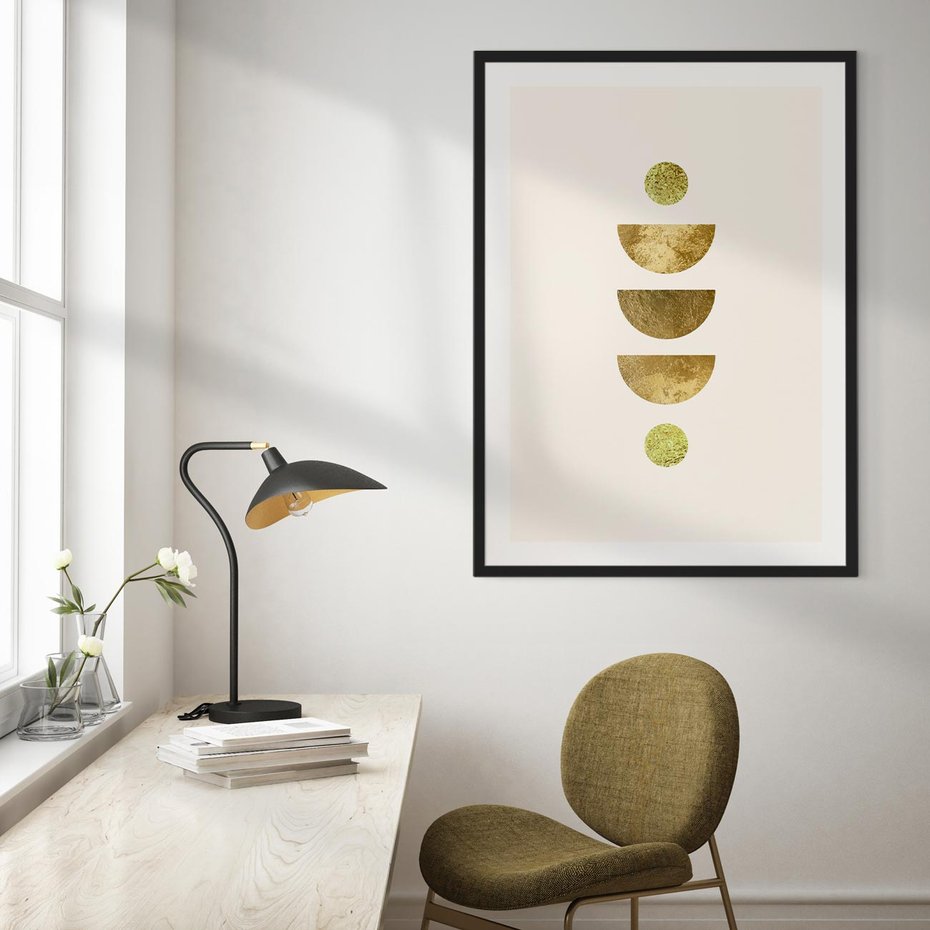 Plakat w ramie 50x70 - Harmonijne Odbicia - geometryczne złote kształty, tekstura - rama czarna