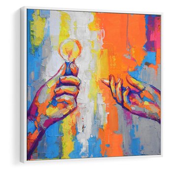 Obraz w ramie 80x80 - Refrakcje wewnętrznego światła - abstrakcyjne dzieło, dłoń trzyma żarówkę - rama biała