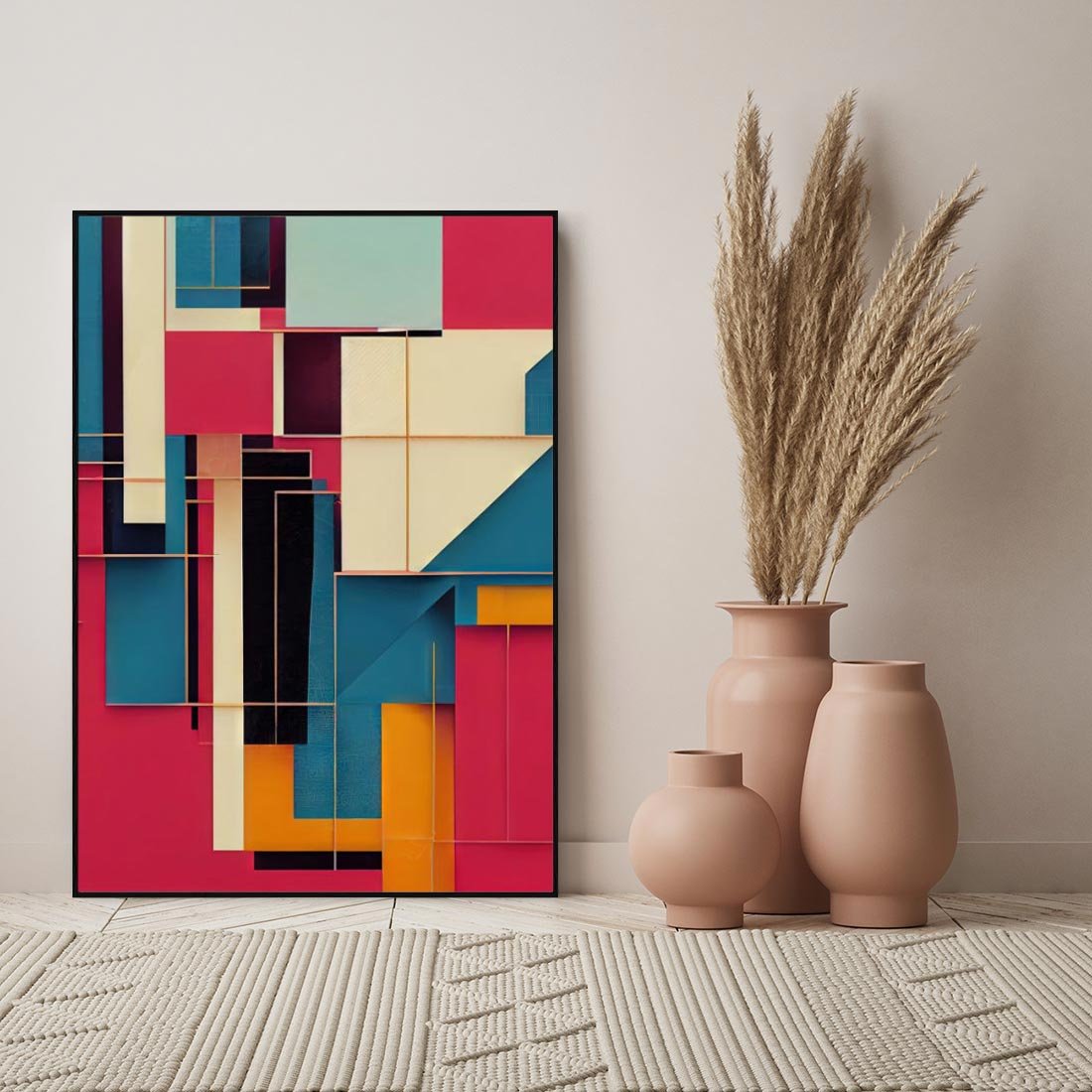 Obraz w ramie 70x100 - Przejście przez labirynt myśli - kolorowa abstrakcja, instalacja z prostokątów i lini - rama czarna