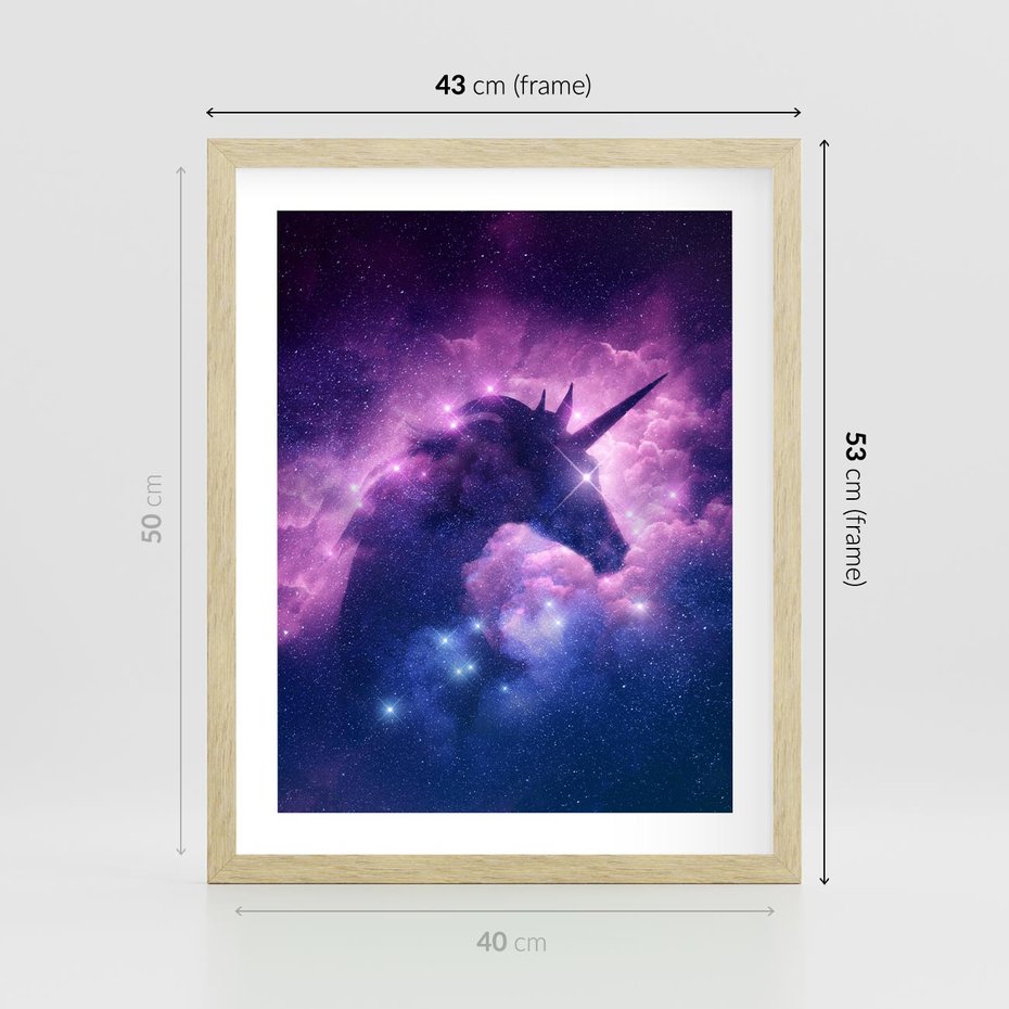 Plakat w ramie 40x50 - Mityczna podróż - kosmos, jednorożec - rama drewno