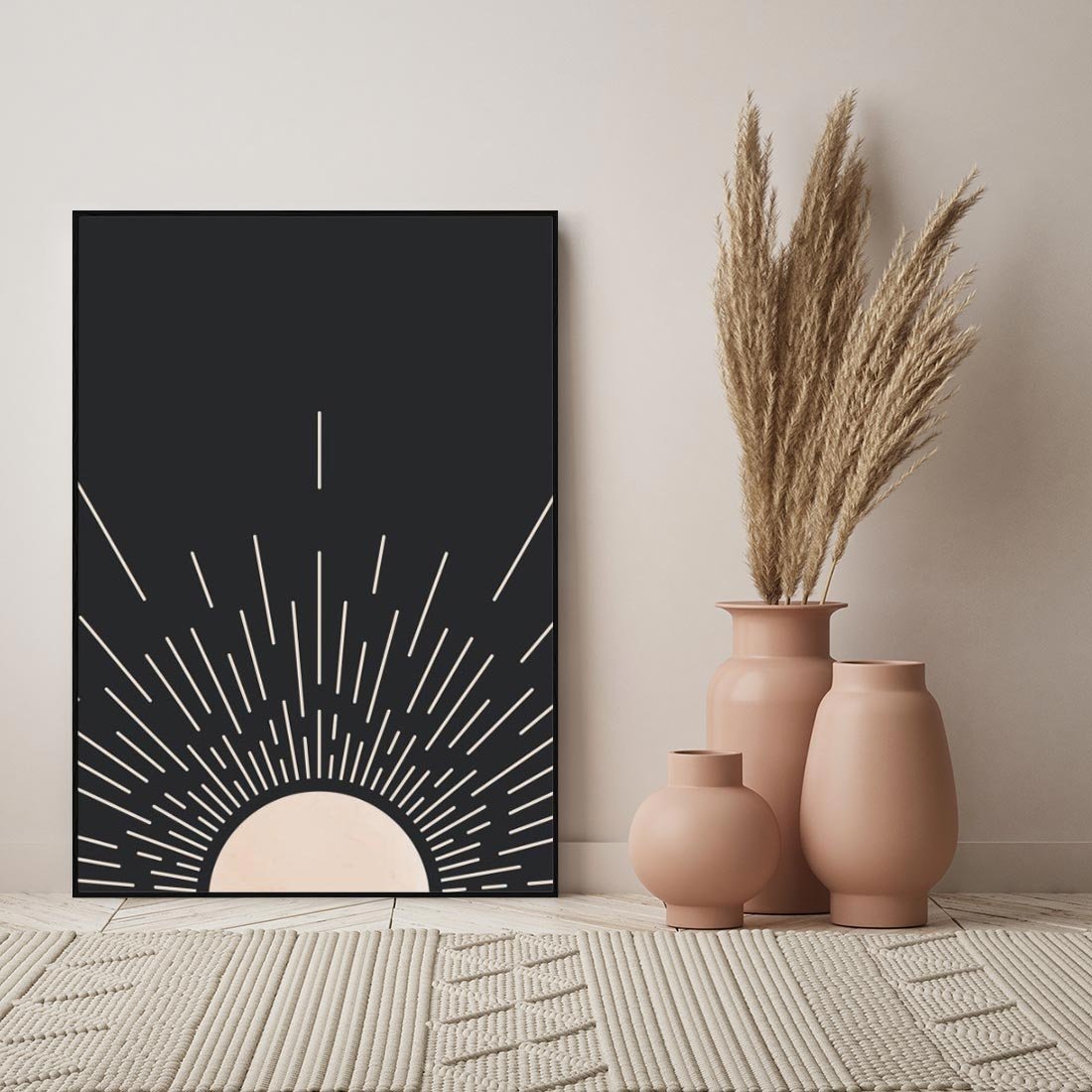 Obraz w ramie 70x100 - Słoneczny Portret Duszy - boho czarne słońce, nowoczesna grafika - rama czarna
