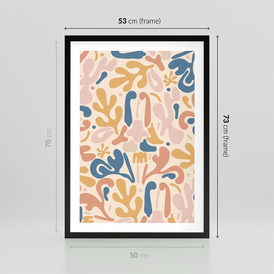 Plakat w ramie 50x70 - Symfonia Radosnych Barw - abstrakcyjne pastelowe formy, nowoczesna grafika w stylu boho - rama czarna