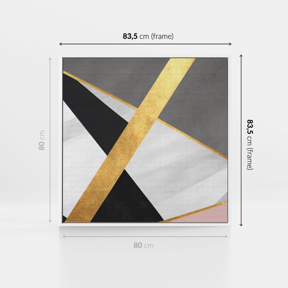 Obraz w ramie 80x80 - Pudrowe Abstrakcyjne Lustra - złote abstrakcyjne linie, szarość - rama biała