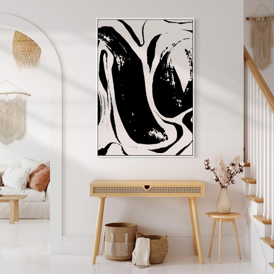 Obraz w ramie 50x70 - Wibracje w ciemnościach duszy - czarno biała abstrakcja, nieregularne rozmyte linie - rama biała