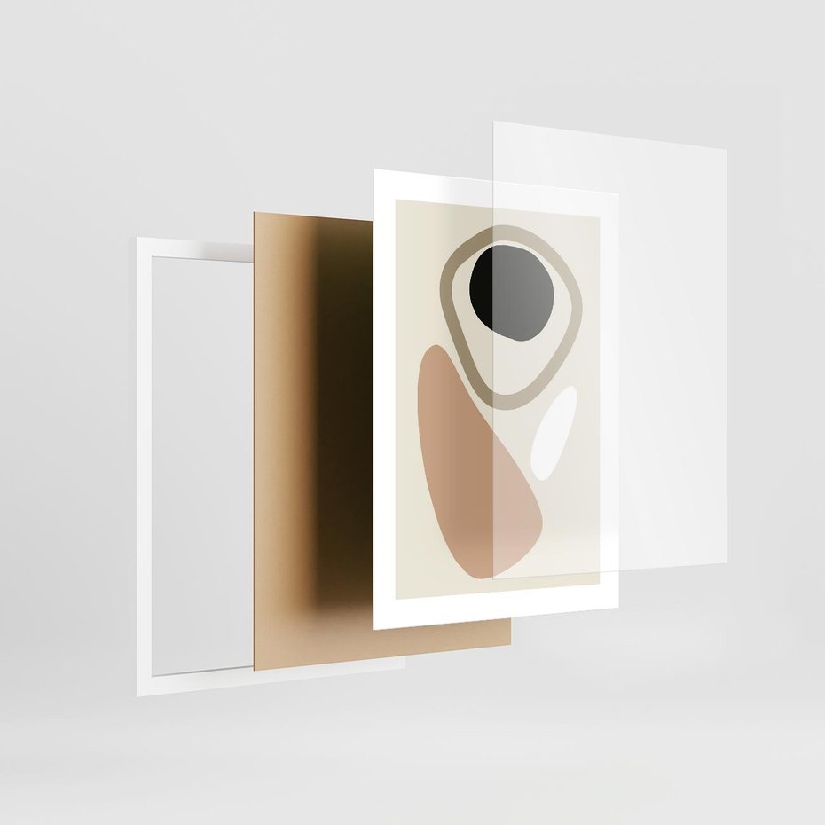 Plakat w ramie 30x40 - Beżowa Synergia - beżowa abstrakcyjna kompozycja, czarny akcent - rama biała