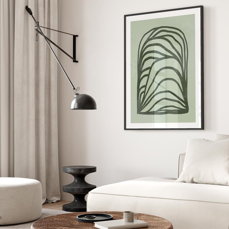 Plakat w ramie 30x40 - Zielonkawy Uścisk Natury - abstrakcyjny zielony motyw, skandynawski design - rama czarna