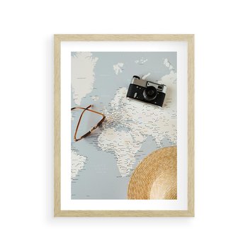 Plakat w ramie 30x40 - Świat w Kadrze - mapa, aparat - rama drewno