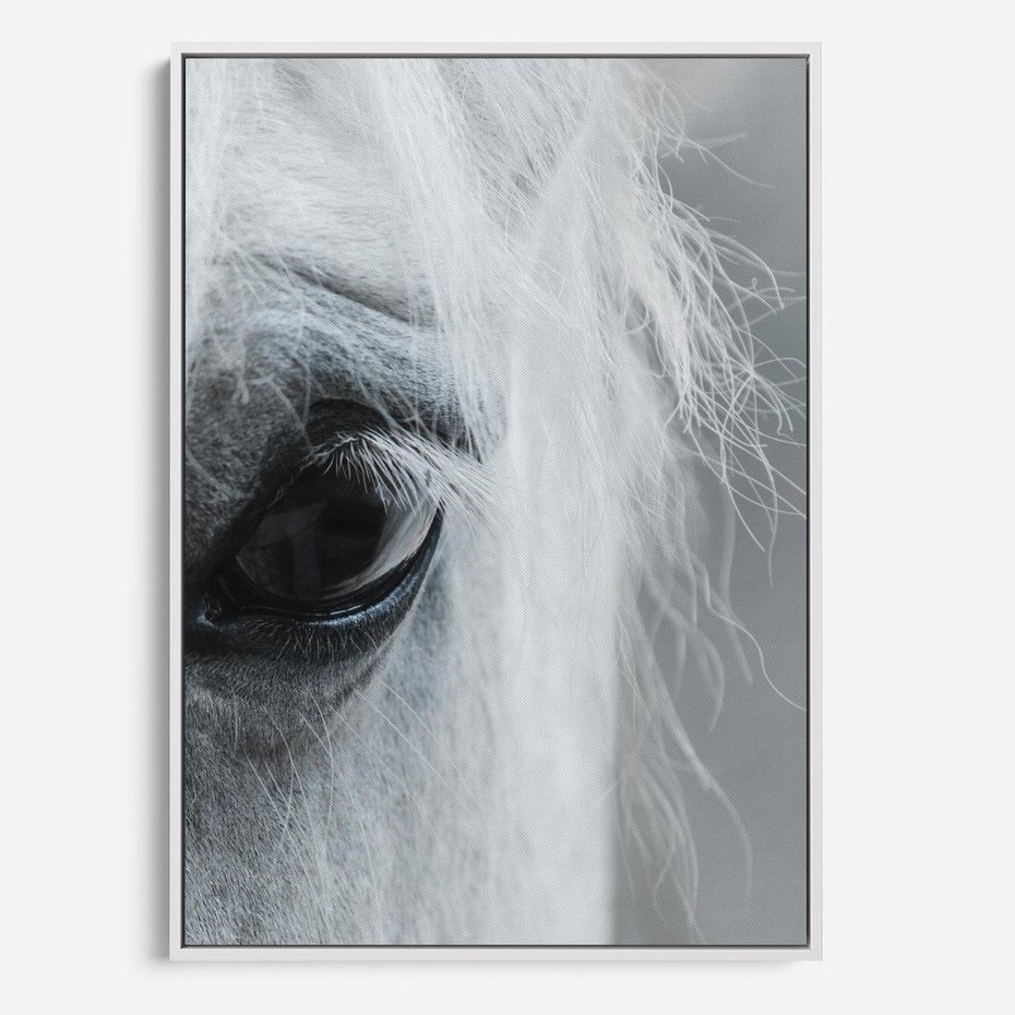 Obraz w ramie 70x100 - Oko Mocy - czarno białe zdjęcie, zbliżenie makro na oko konia - rama biała