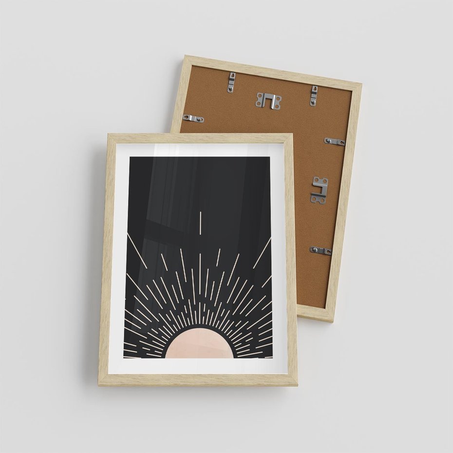 Plakat w ramie 30x40 - Słoneczny Portret Duszy - boho czarne słońce, nowoczesna grafika - rama drewno