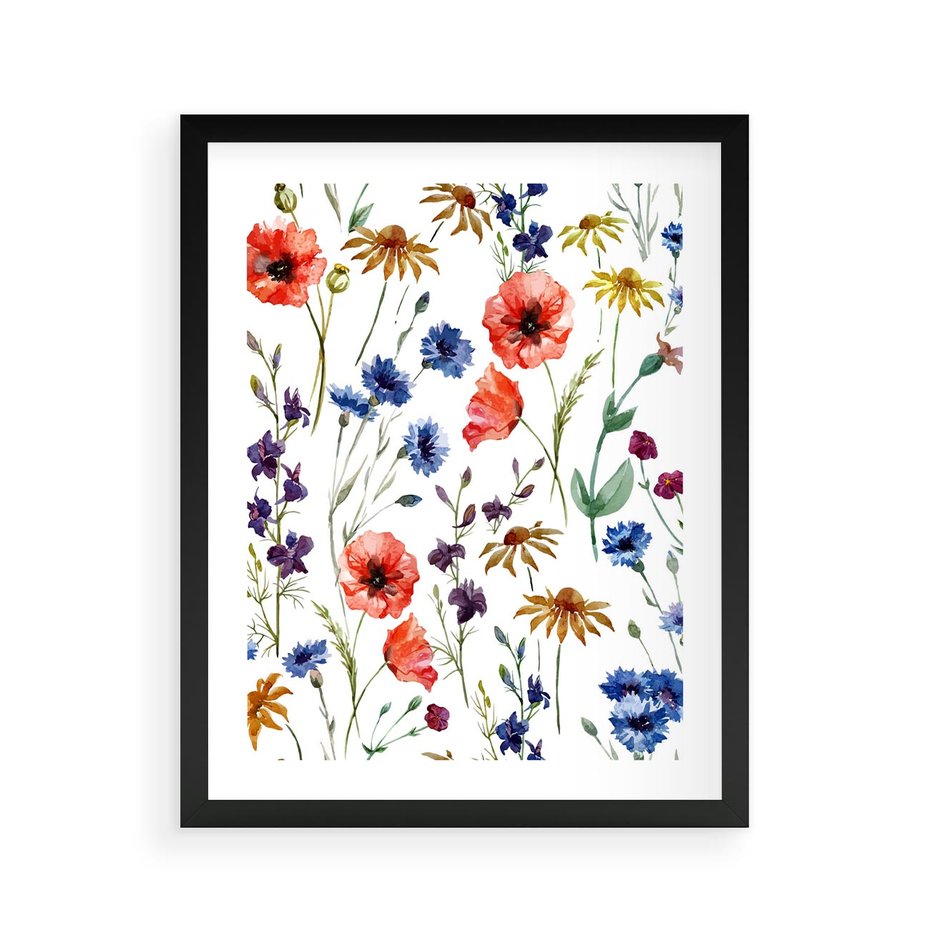 Plakat w ramie 40x50 - Kwiatowe radości na łące - kwiaty, łączka - rama czarna