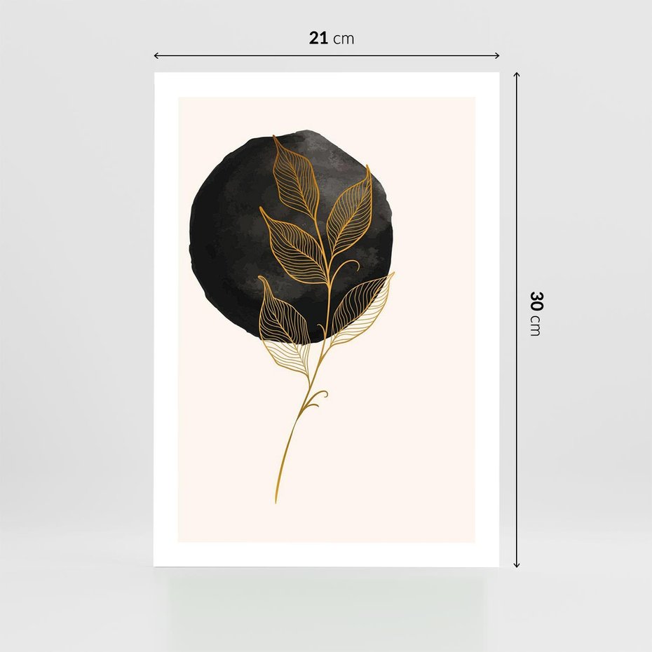 Plakat bez ramy 21x30 - Złoty Liść na Czarnej Plamie - grafika, złoty liść