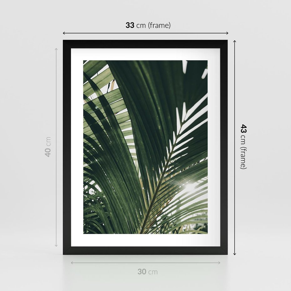 Plakat w ramie 30x40 - Tropikalne Uroki: Palmy i Zielone Liście - palmy, zielone liście - rama czarna