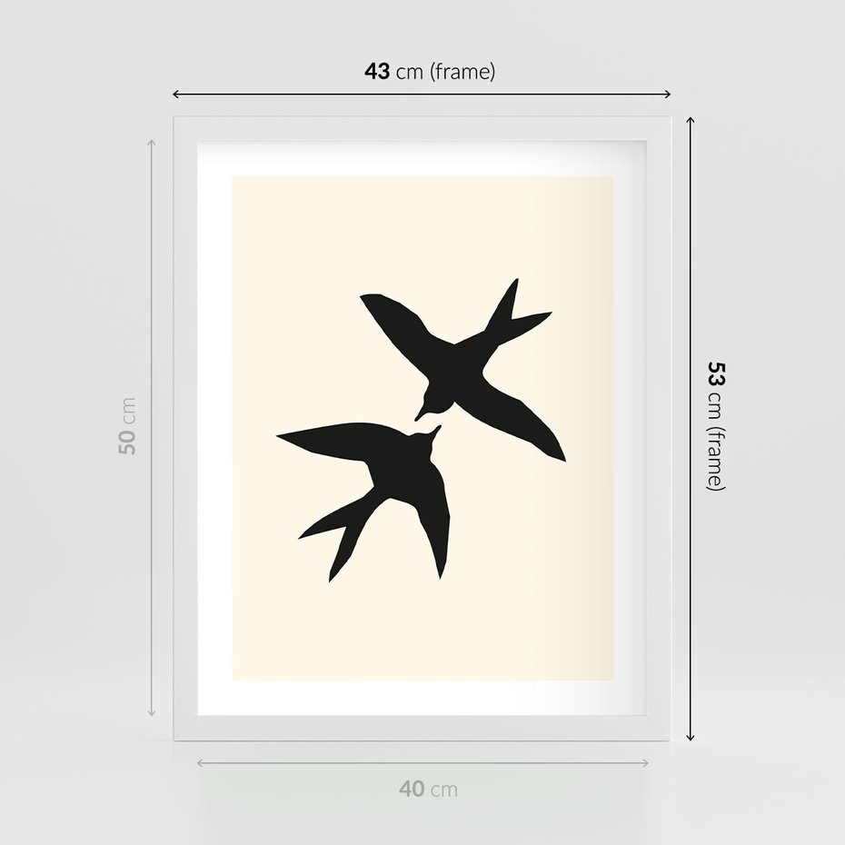 Plakat w ramie 40x50 - Kreatywne Echa - jaskółki, minimalizm - rama biała