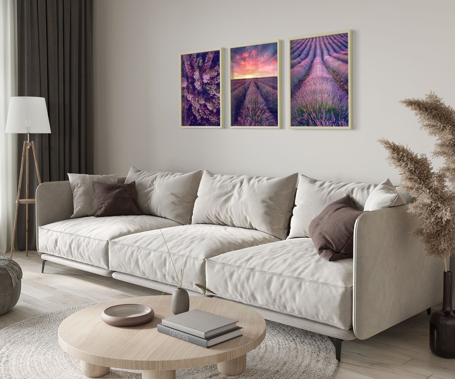 Zestaw obrazy w ramie 50x70 galeria - Wrzosy, lawenda, zachód, słońca - rama drewno