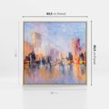Obraz w ramie 80x80 - Miasto Refleksji - olejna panorama miasta w oddali, wiezowce odbijają się w rzece - rama drewno