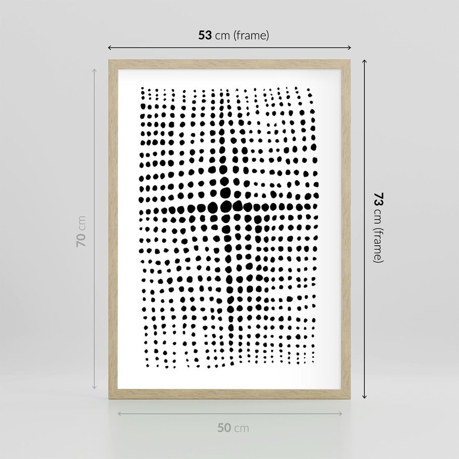 Plakat w ramie 50x70 - Refleksje Monochromatycznych Widoków - abstrakcyjna kompozycja z czarnych kropek, minimalistyczny czarno bialy plakat - rama drewno