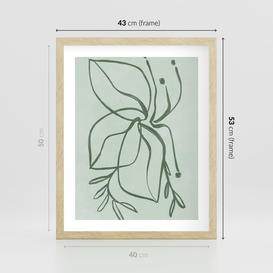 Plakat w ramie 40x50 - Energetyczne Odrodzenie Natury - abstrakcyjne delikatne zielone linie, podobne do gałęzi kwiatów - rama drewno