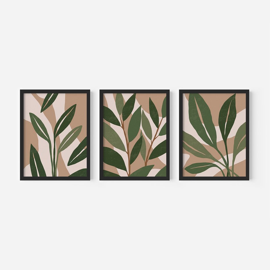 Zestaw obrazy w ramie 40x50 galeria - Liście, graficzne, boho - rama czarna