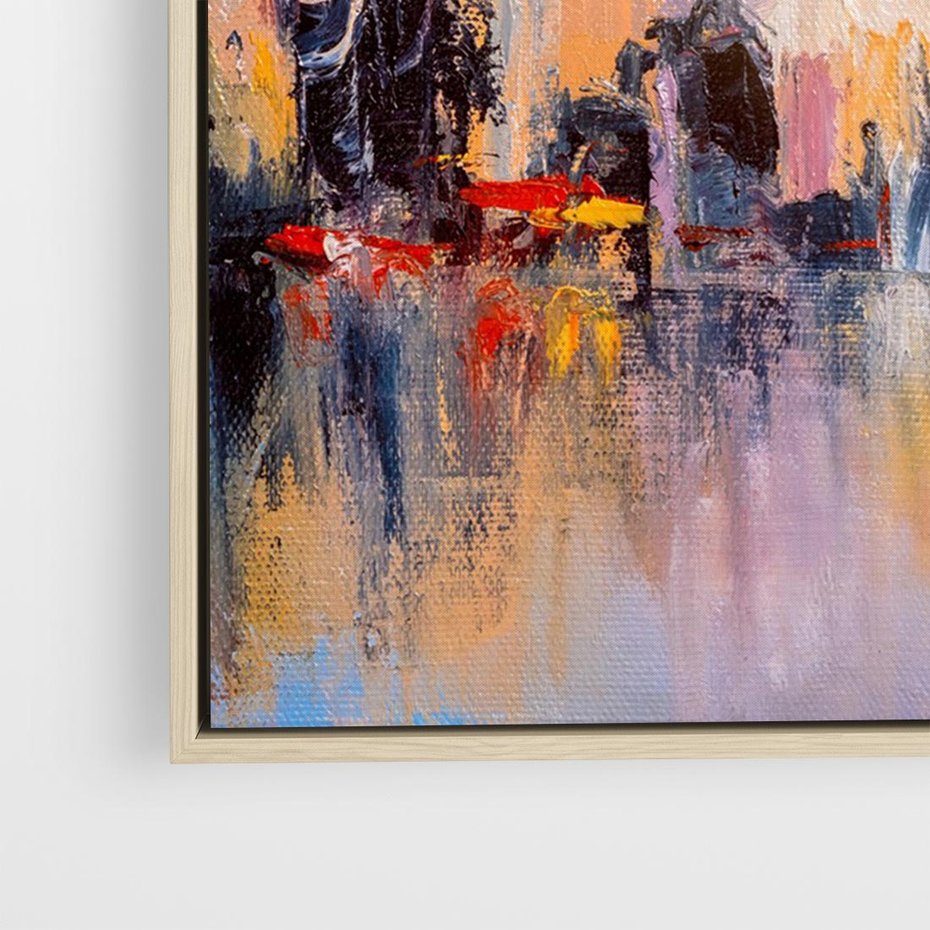 Obraz w ramie 70x50 - Miasto Refleksji - olejna panorama miasta w oddali, wiezowce odbijają się w rzece - rama drewno