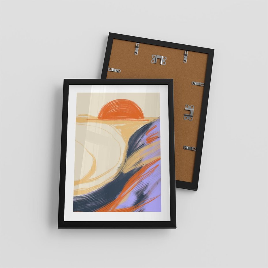 Plakat w ramie 30x40 - Pomarańczowy Horyzont - pastelowy krajobraz, nowoczesny plakat - rama czarna