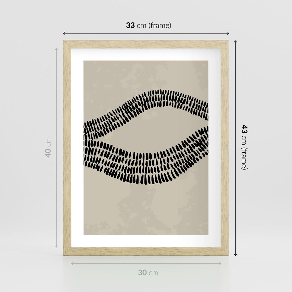 Plakat w ramie 30x40 - Kontury Ewolucji Materii - boho plakat, czarne kropki kreski - rama drewno