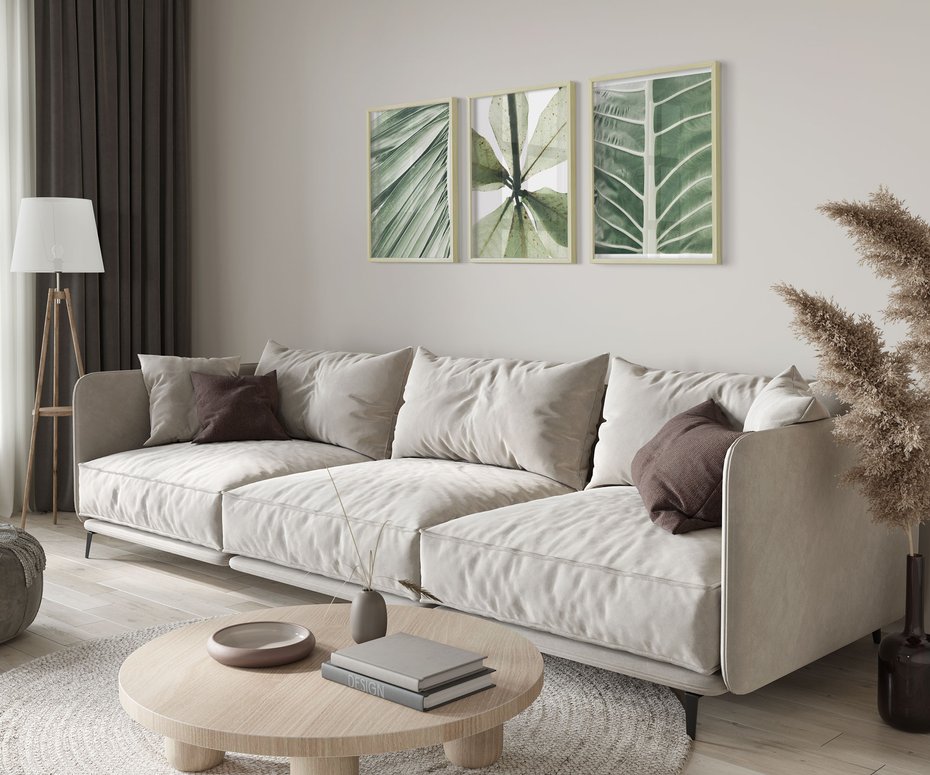 Zestaw obrazy w ramie 50x70 galeria - Liście, minimalizm, zieleń - rama drewno