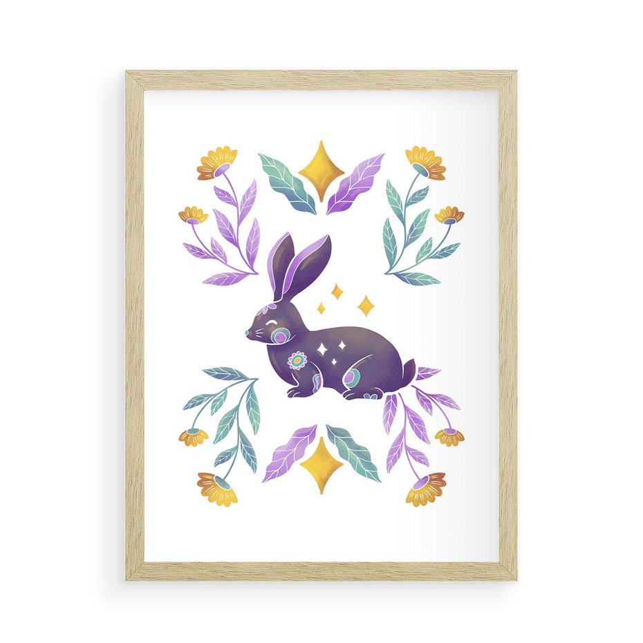 Plakat w ramie 50x70 - Boho Wiatr - boho plakat, królik - rama drewno