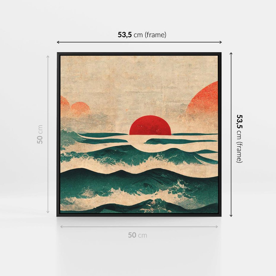Obraz w ramie 50x50 - Czerwone Melodie - japońska sztuka, zachód słońca nad oceanem - rama czarna