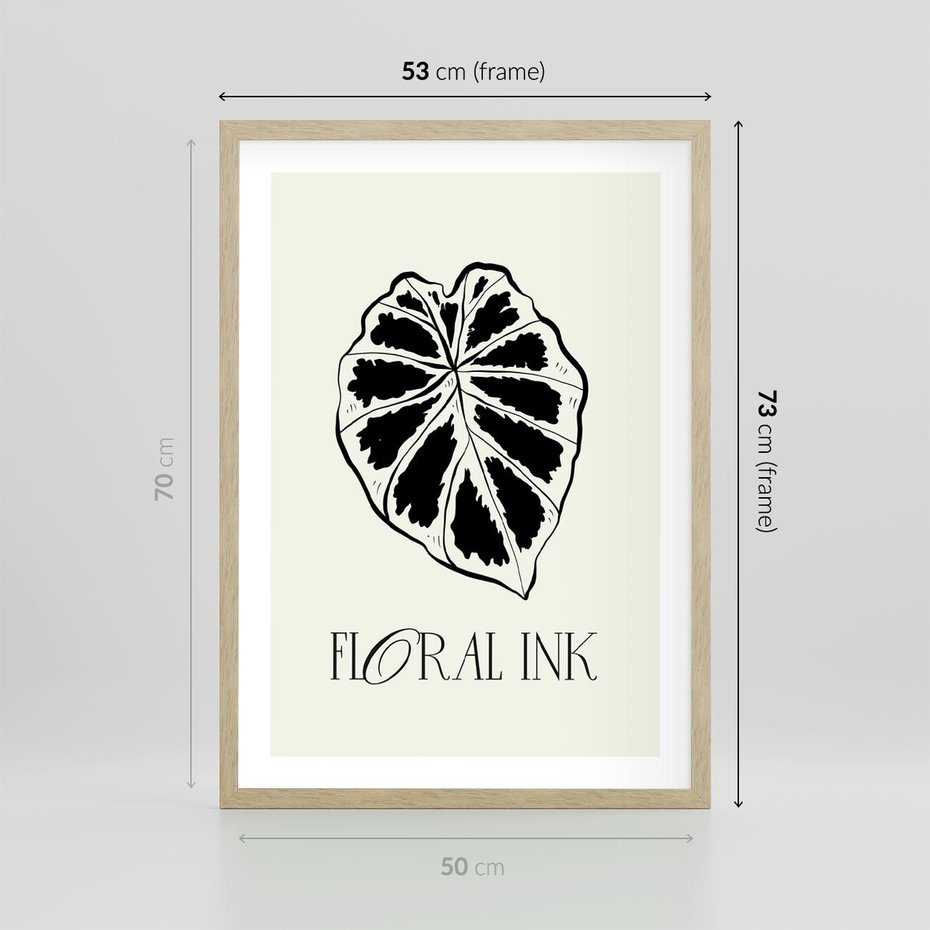 Plakat w ramie 50x70 - Zapisane na liściach wspomnienia - liść, czarny kontur na jasnym tle - rama drewno