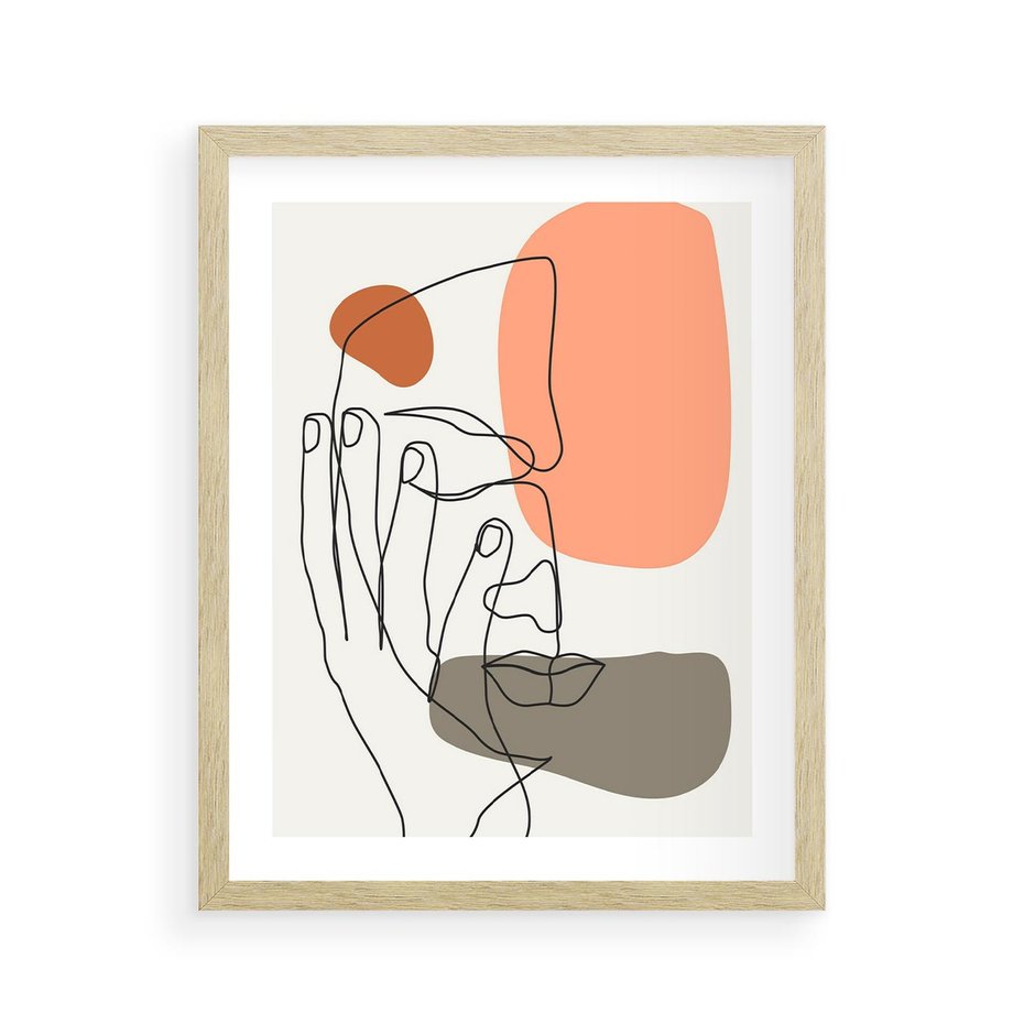 Plakat w ramie 40x50 - Ekspresja Kolorów: Szkic - one line szkic twarzy, kolorowe plamy - rama drewno