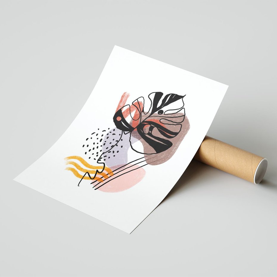 Plakat bez ramy 21x30 - Wibracje Abstrakcyjnych Form - abstrakcyjna sztuka, liść monstery