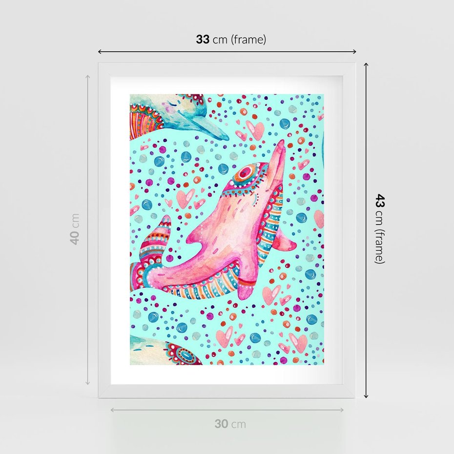 Plakat w ramie 30x40 - Lekkość W Ruchu - delfin, akwarela - rama biała