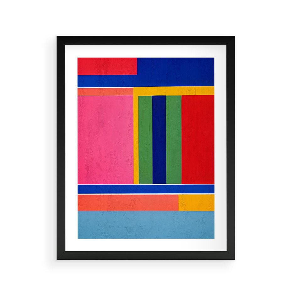 Plakat w ramie 40x50 - Wnętrza Rozplątanych Barw - abstrakcyjny geometryczny obraz olejny, kolorowe pasy - rama czarna