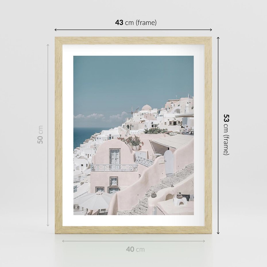 Plakat w ramie 40x50 - Śródziemnomorski Urok - zdjęcie Santorini, białe budynki - rama drewno