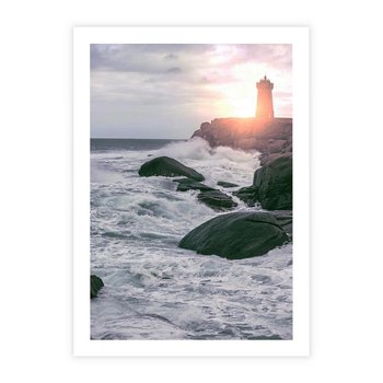 Plakat bez ramy 21x30 - Latarnia, Zachód Słońca i Fale - latarnia na klifie, zachód słońca